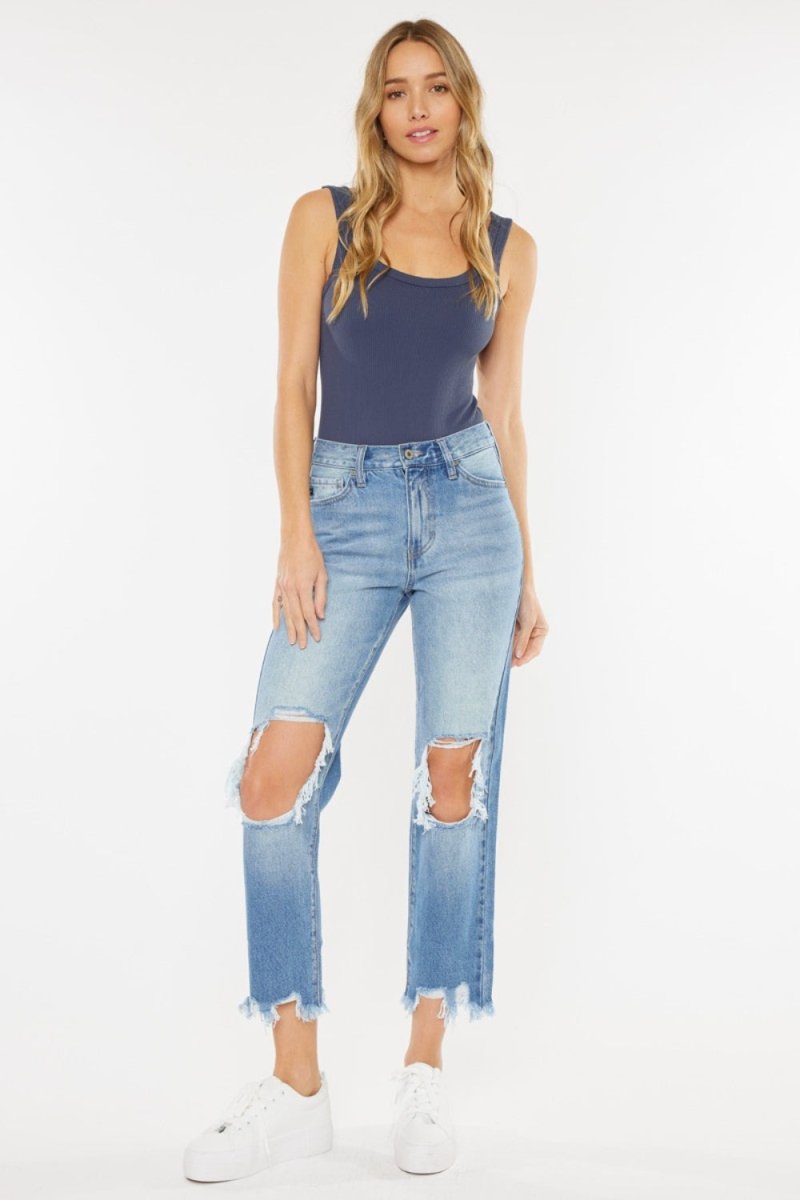Kancan High Waist Chewed Up Straight Mom Jeans - Bottoms Sale